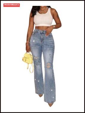 High Waist Rhinestone Flare Jeans Distressed Ripped Bell Bottom